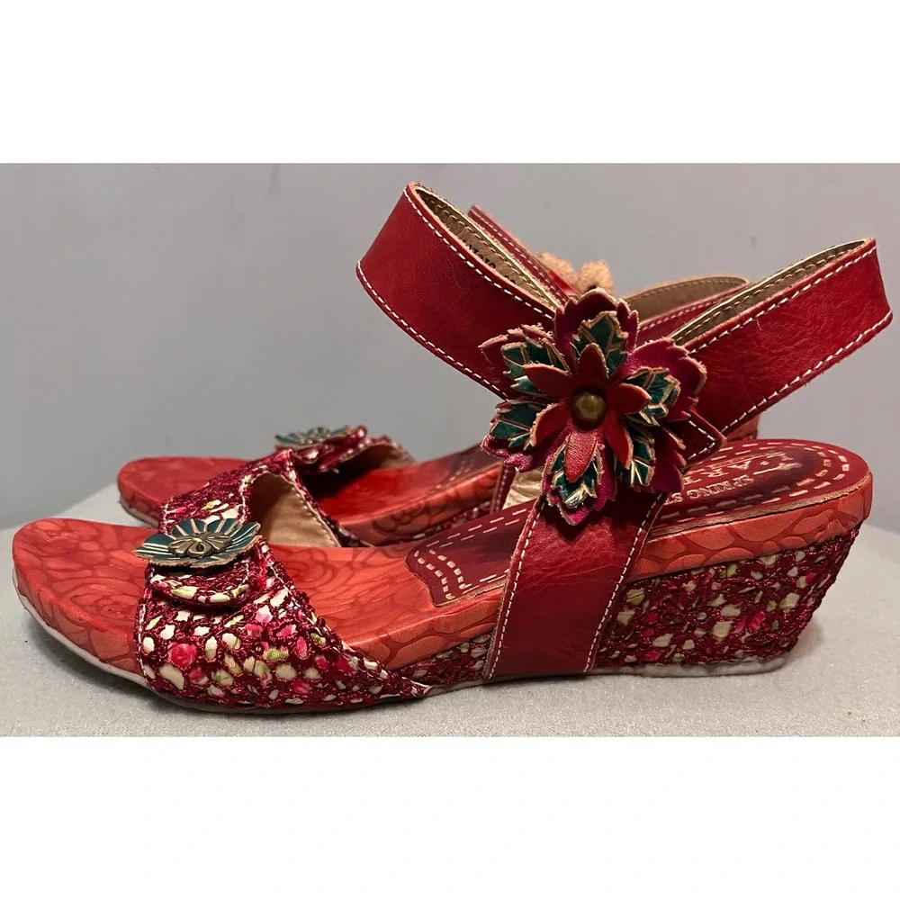 L Artiste by Spring Step Red Leather Floral Wedge Sandals Womens 39 US Size‎ 8.5